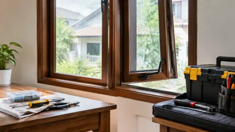 Jendela kayu terbuka dengan alat perbaikan di ambangnya