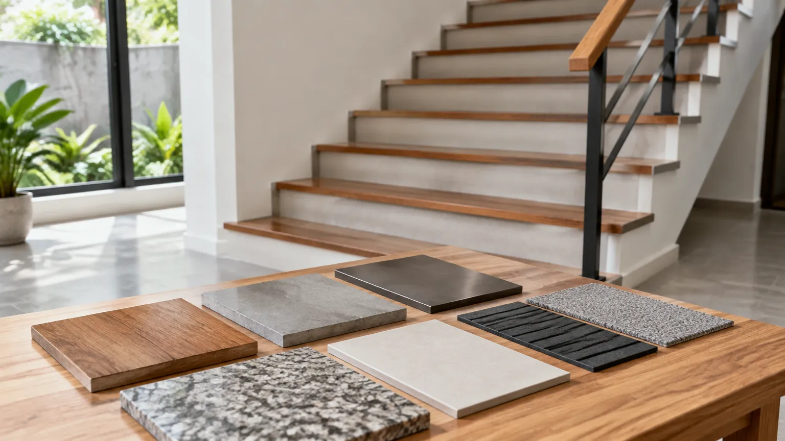 Contoh beberapa bahan finishing di depan tangga rumah