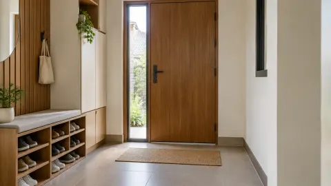 Foyer rumah dengan pintu kayu dan tempat penyimpanan sepatu