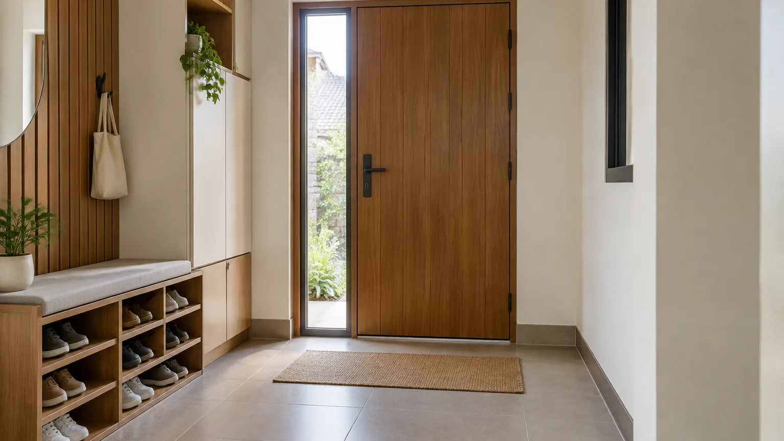 Foyer rumah dengan pintu kayu dan tempat penyimpanan sepatu