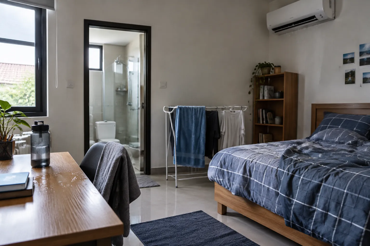 Pakaian dijemur di dalam kamar yang terhubung ke kamar mandi