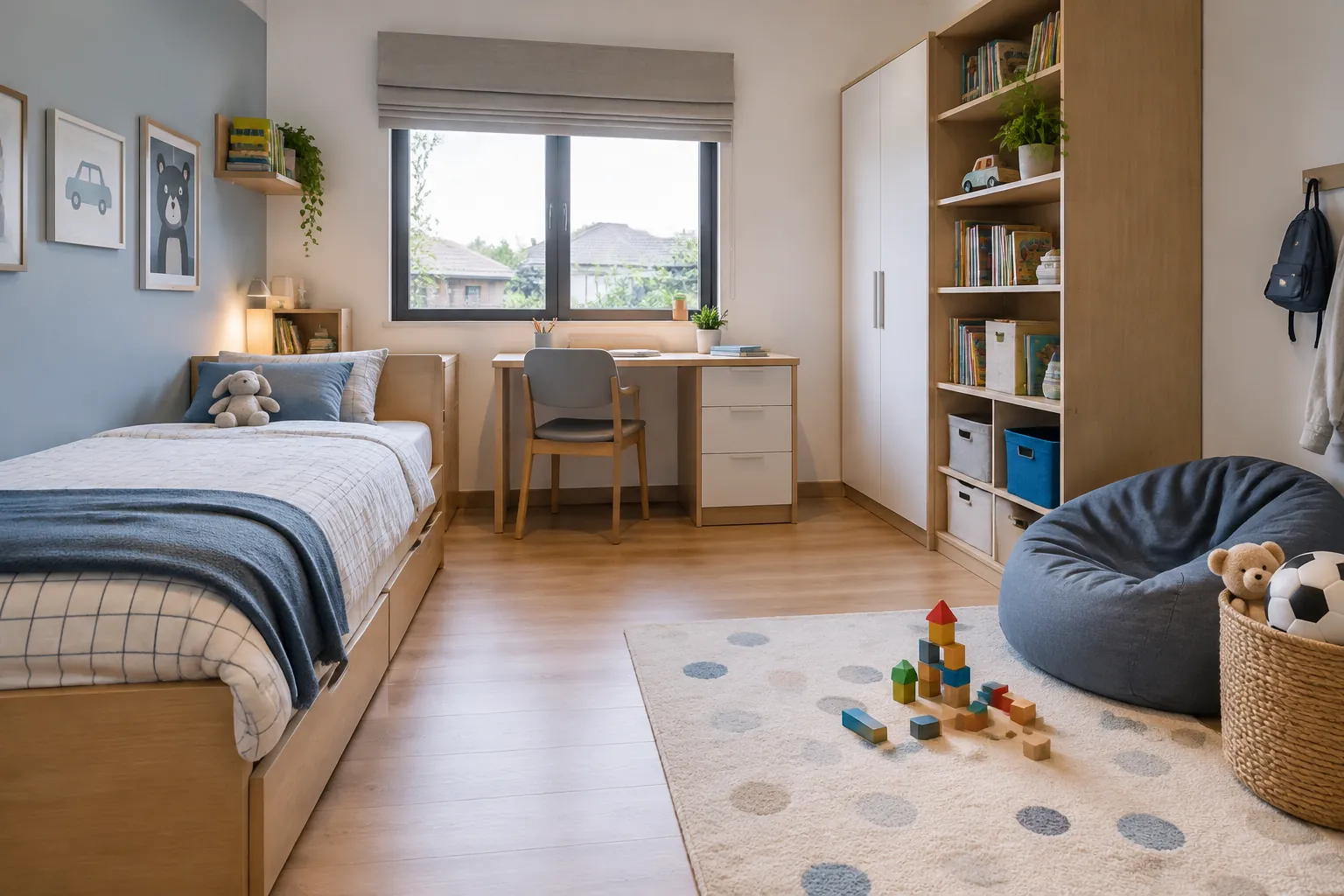 Tempat tidur, meja belajar dan area bermain berada di kamar anak