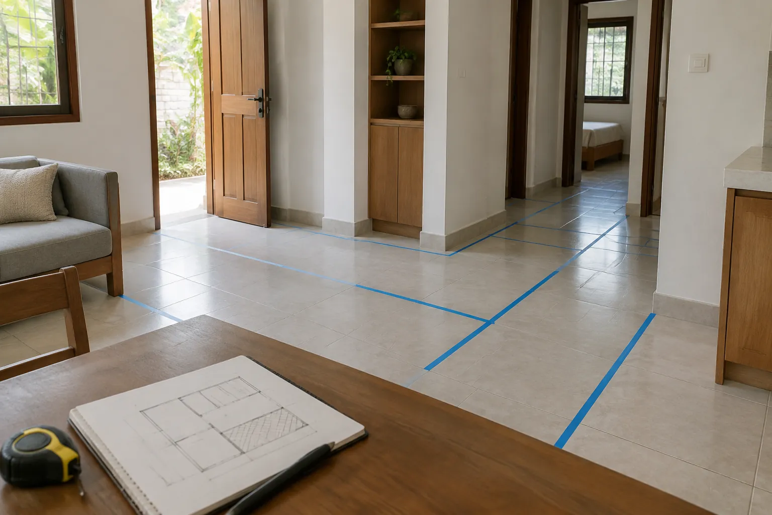 Lantai rumah diberi pita penanda arah pemasangan