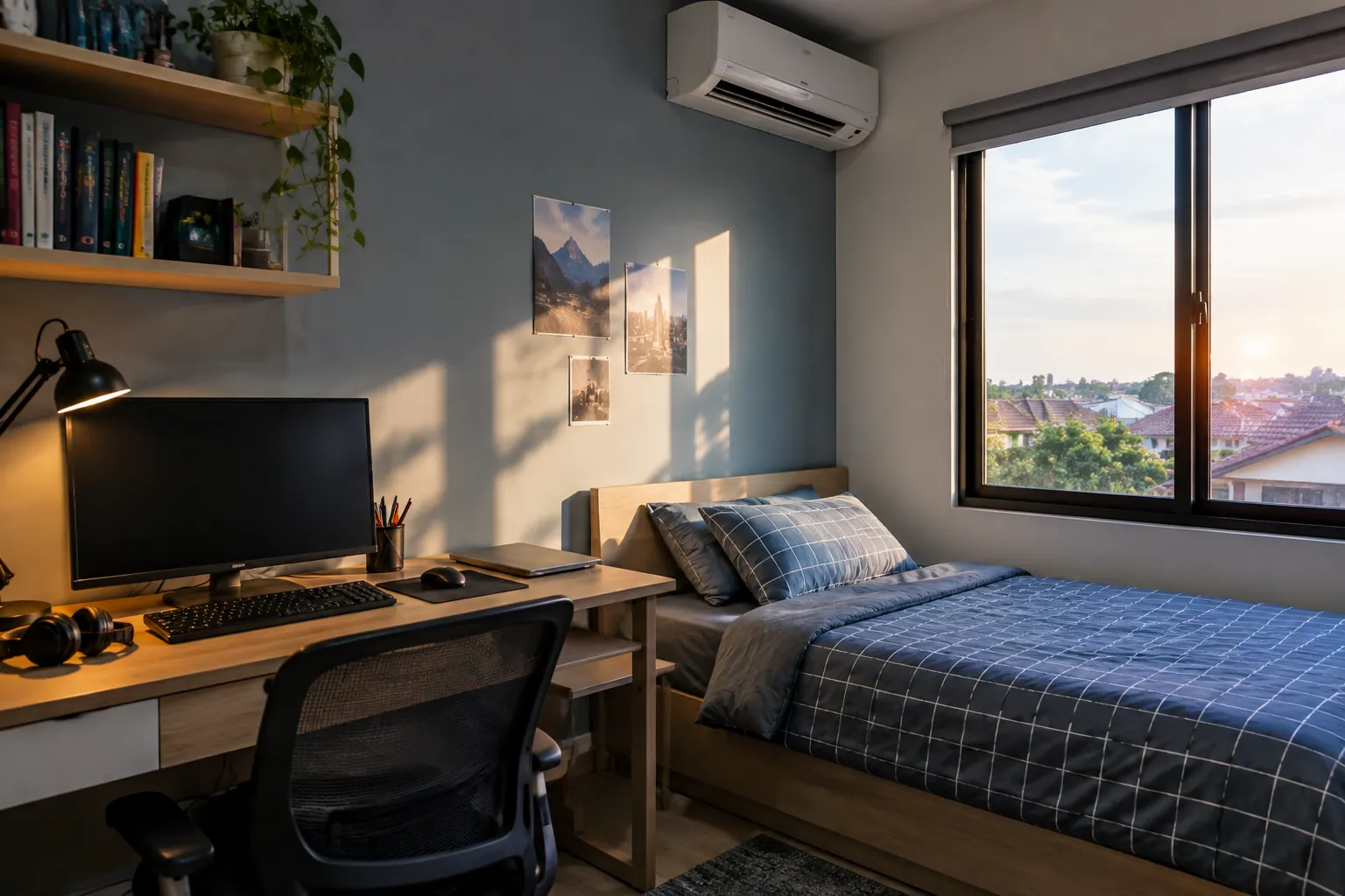 Kamar remaja dengan unit AC di atas jendela, ranjang, dan meja komputer
