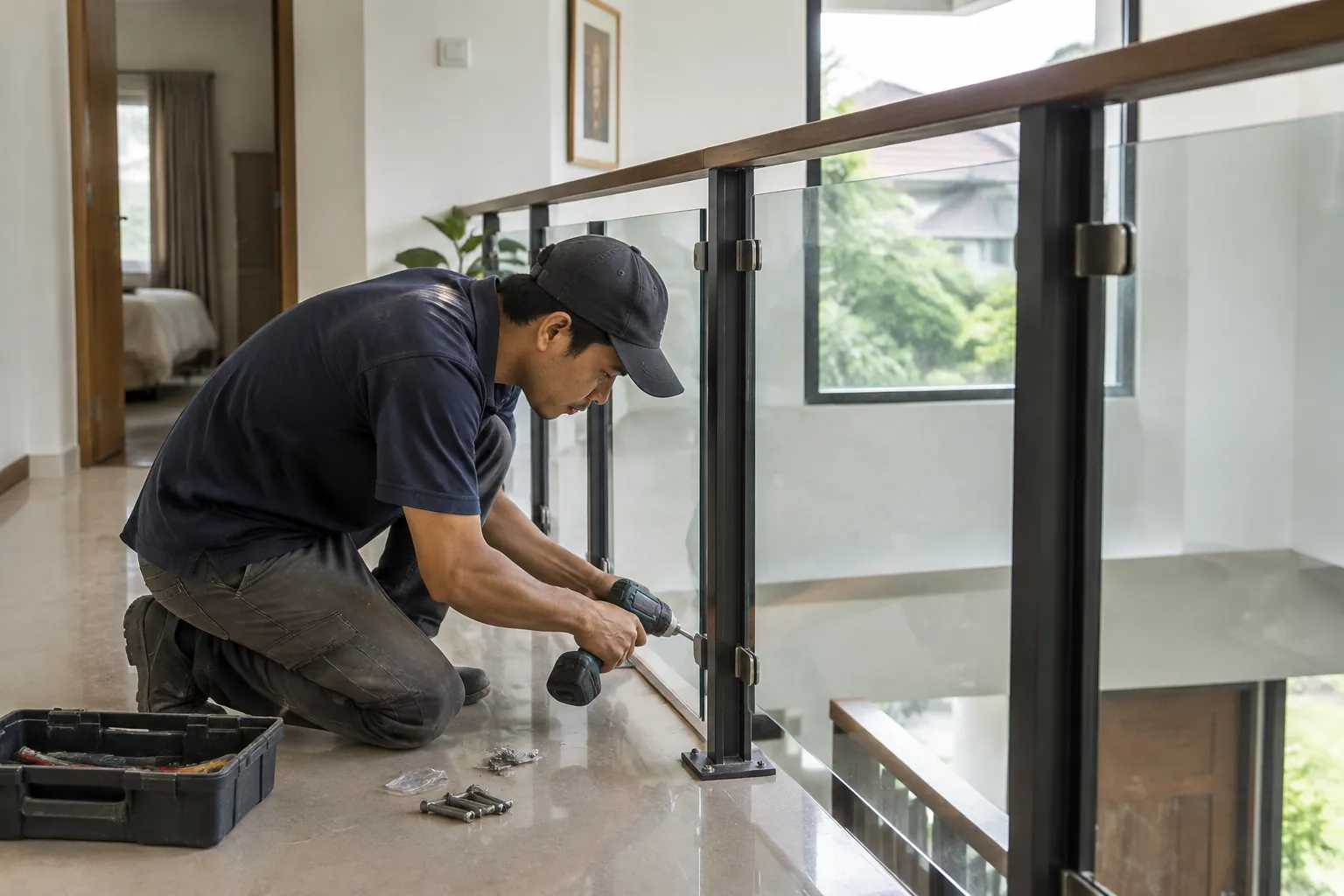 Pekerja memasang tiang railing.