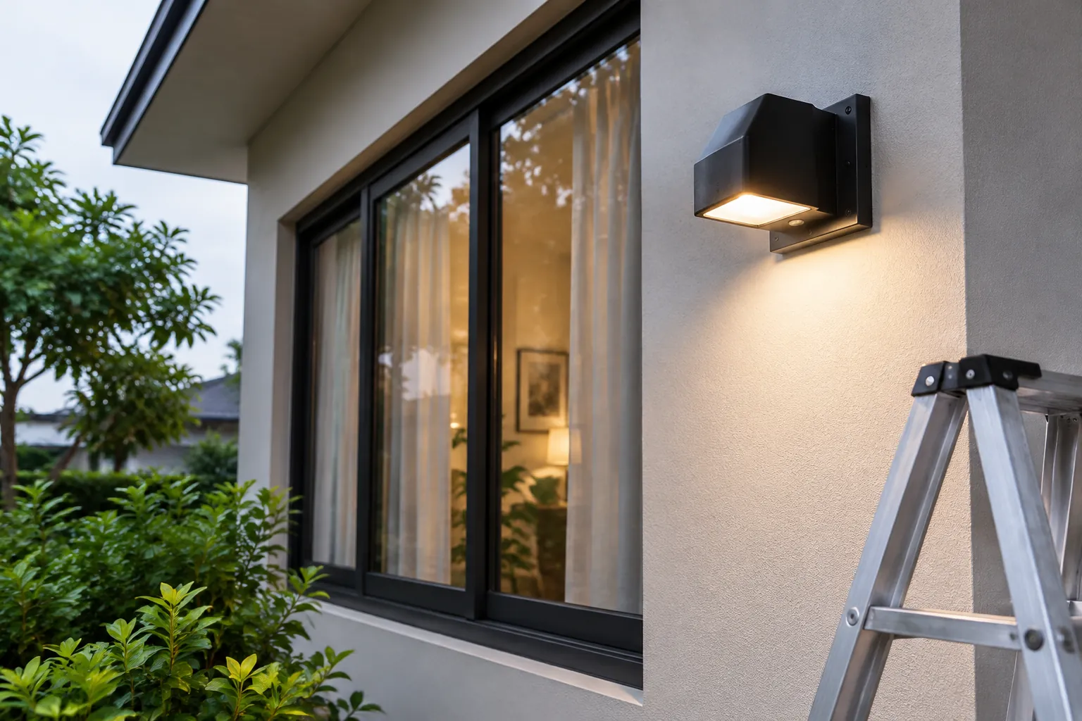Lampu luar terpasang di dekat jendela rumah dengan tangga kerja di sampingnya