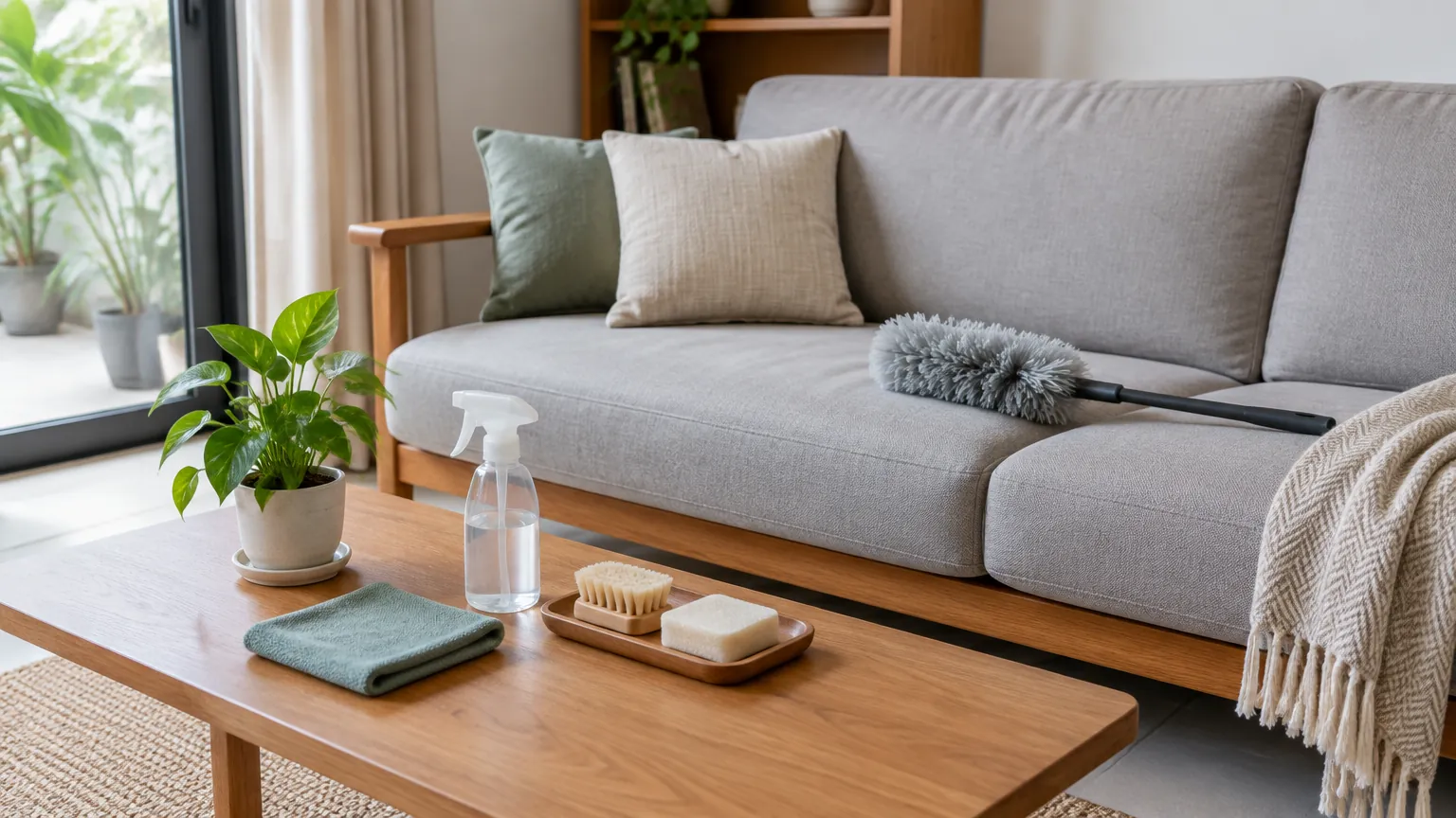 Sofa kain dan alat pembersih di meja ruang tamu