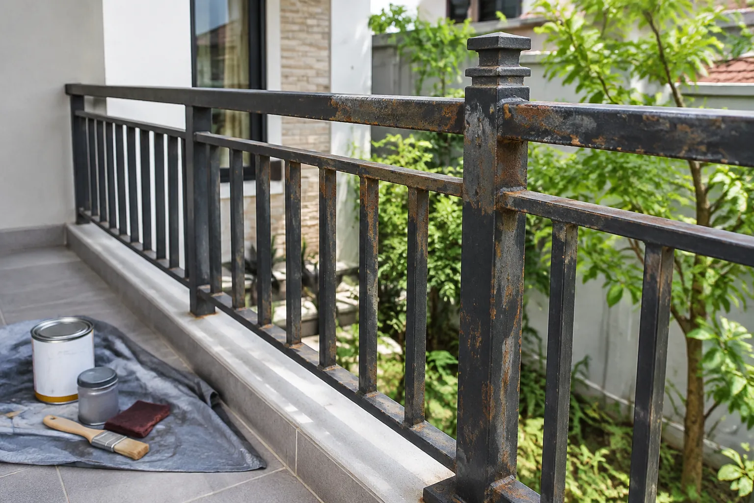 Karat dan lapisan cat rusak tampak pada pagar logam balkon