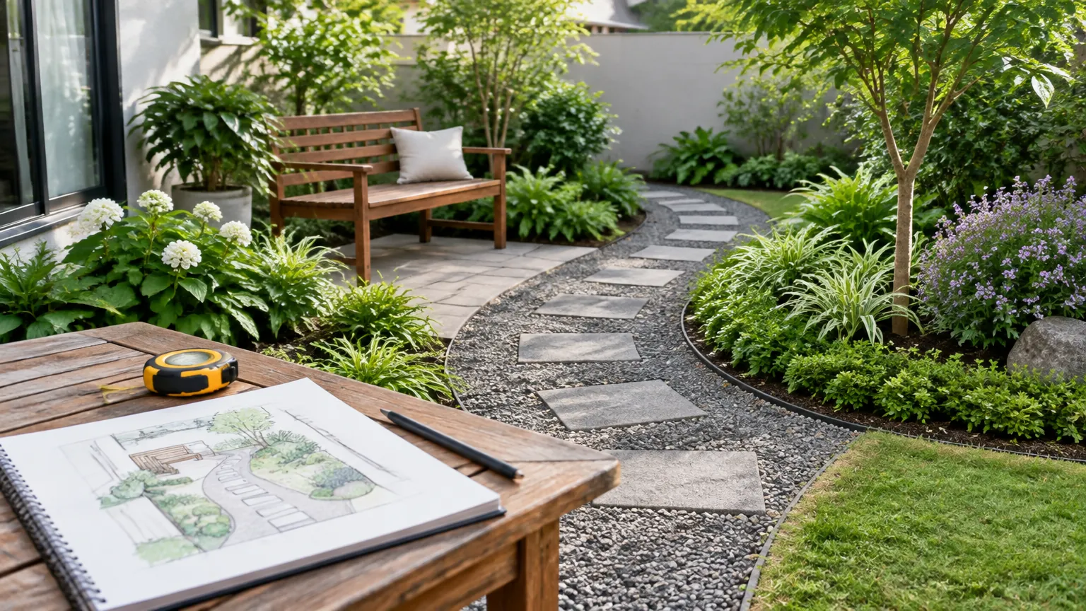 Taman kecil dengan jalur pijakan, bangku, sketsa, dan pita ukur