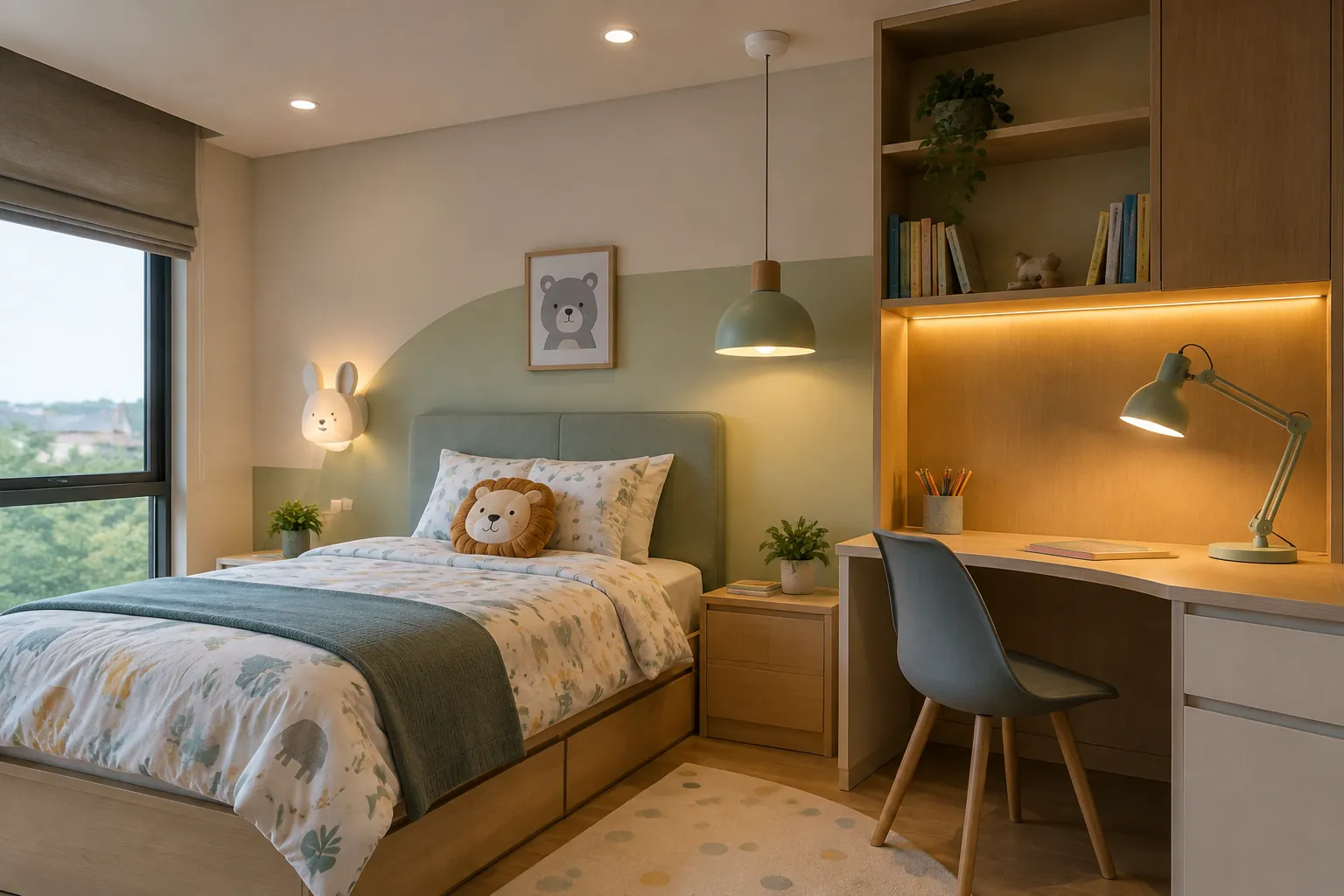 Kamar anak dengan lampu dinding, lampu meja, dan plafon