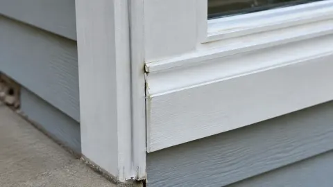Trim jendela luar putih dengan cat yang rusak