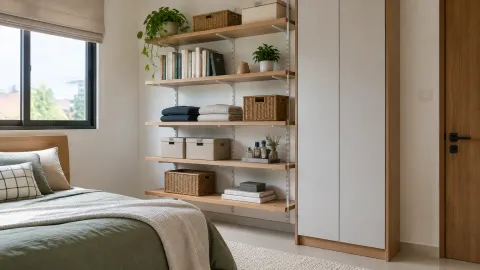 Rak tinggi dan kabinet penyimpanan di kamar tidur