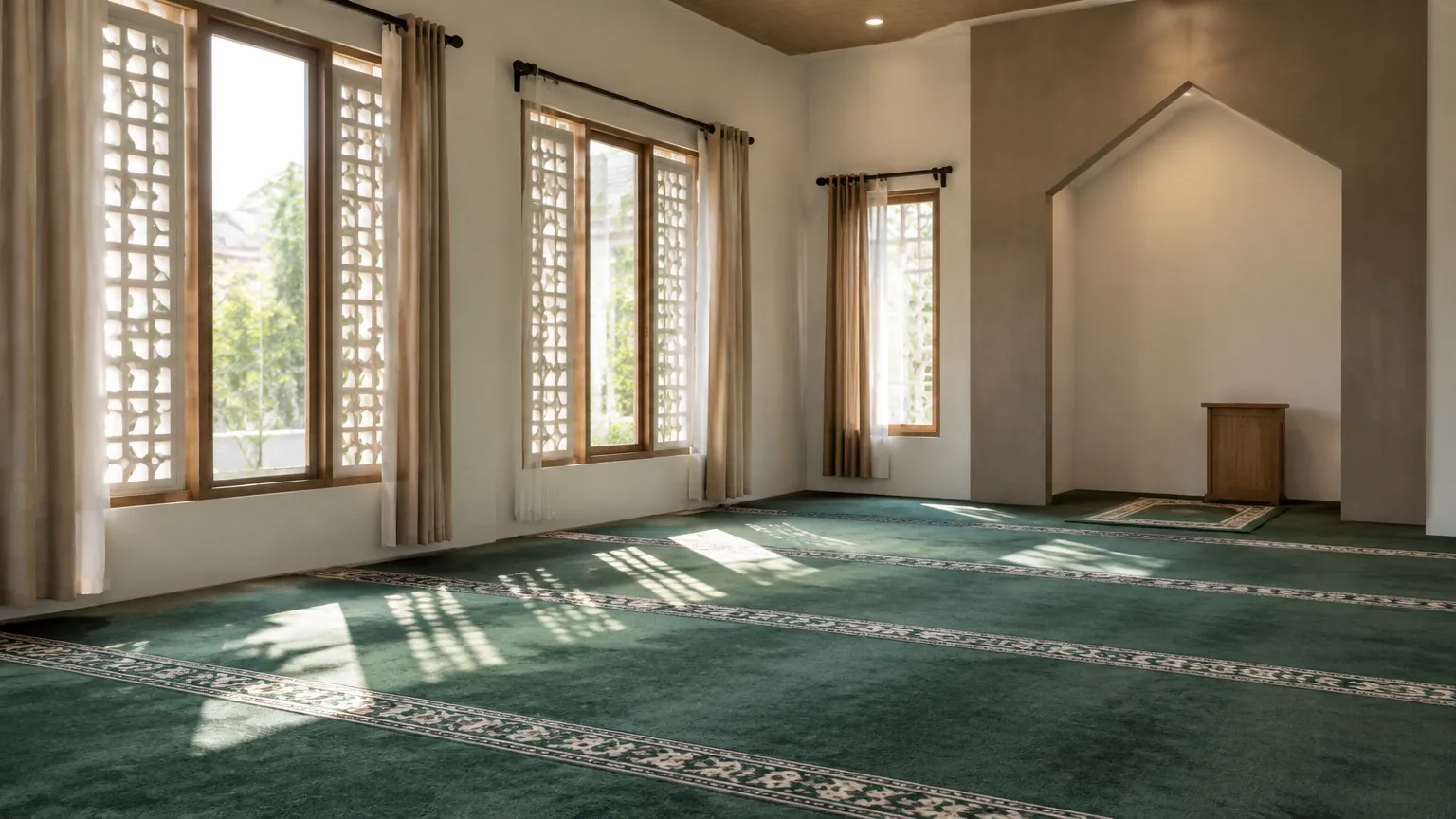 Ruang musala dengan karpet hijau dan cahaya dari deret jendela