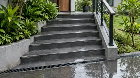 Tangga luar ruang dengan anak tangga beton dan pagar besi