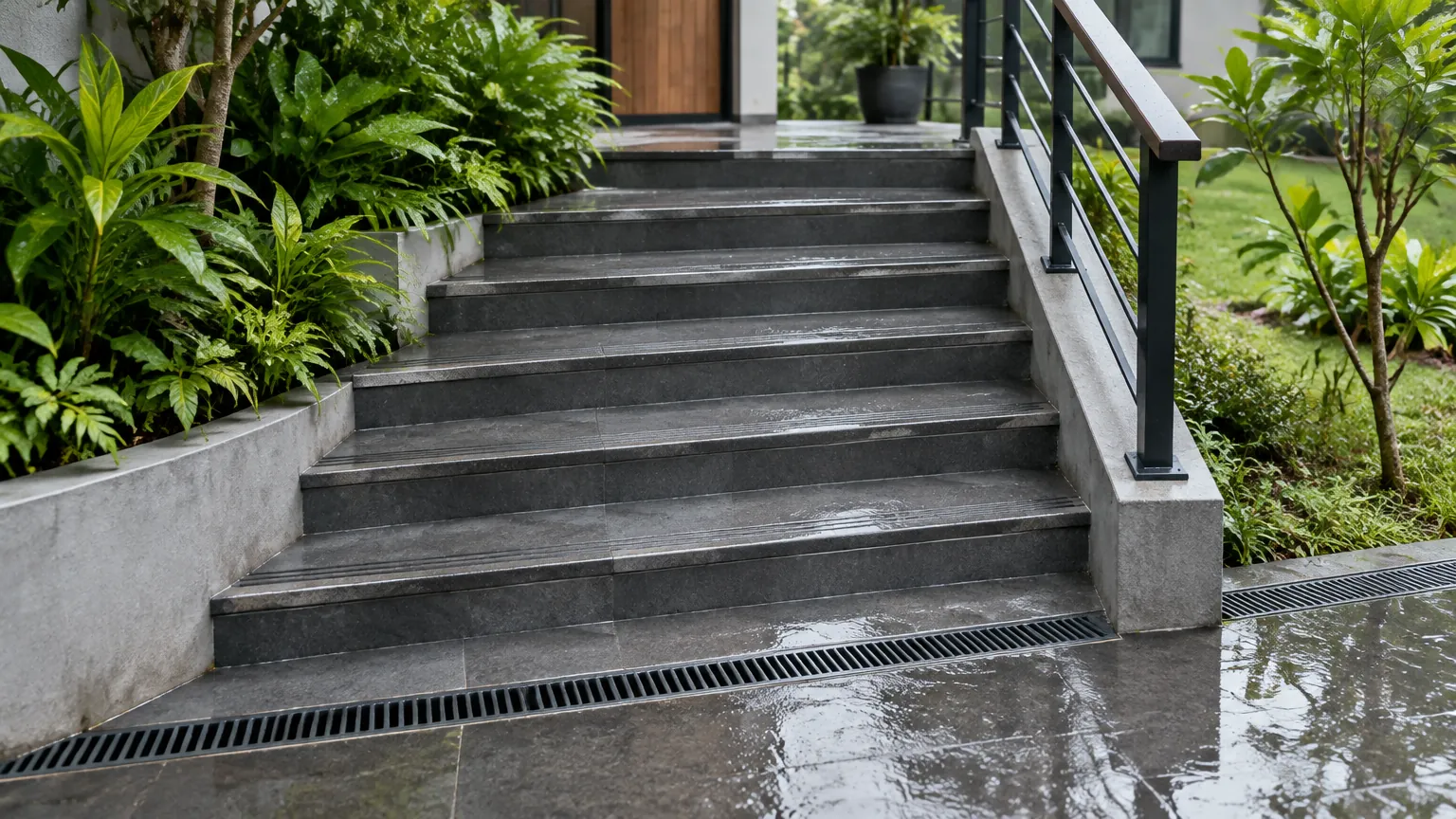 Tangga luar ruang dengan anak tangga beton dan pagar besi