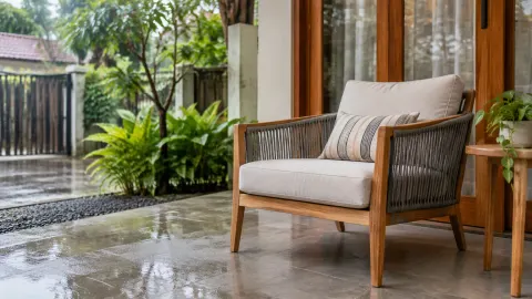 Kursi kayu dan bantal di teras beratap dekat tanaman