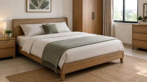 Kamar tidur dengan ranjang kayu, lemari, dan cahaya jendela