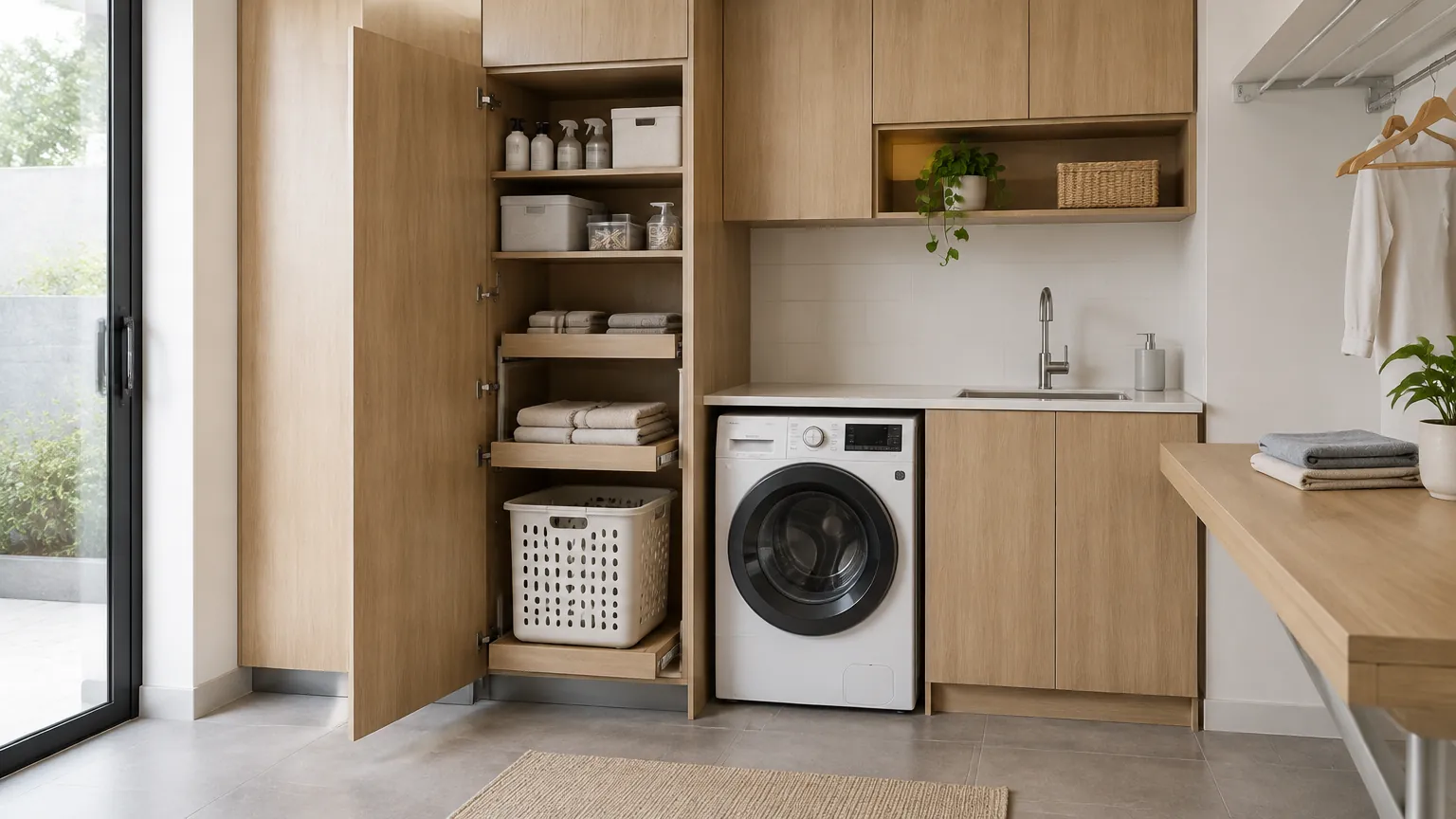 Kabinet laundry dengan tempat penyimpanan di samping mesin cuci