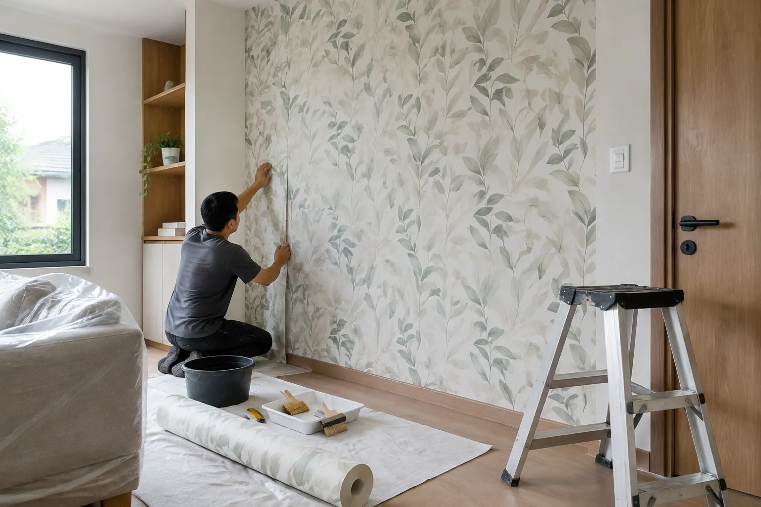 Pekerja merapikan wallpaper bermotif pada dinding rumah