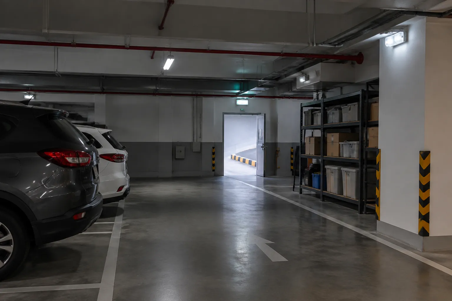 Tanda keluar dan lampu pada garasi parkir.