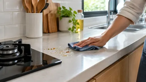 Seseorang mengelap meja dapur setelah digunakan