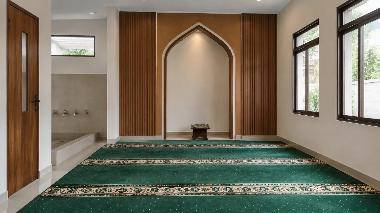 Musala dengan karpet hijau, jendela, dan relung dinding