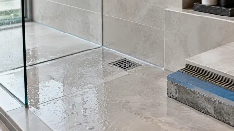 Lantai kamar mandi basah dekat saluran air