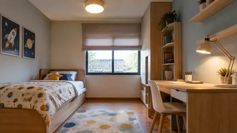 Kamar anak dengan jendela, lampu plafon, dan lampu meja