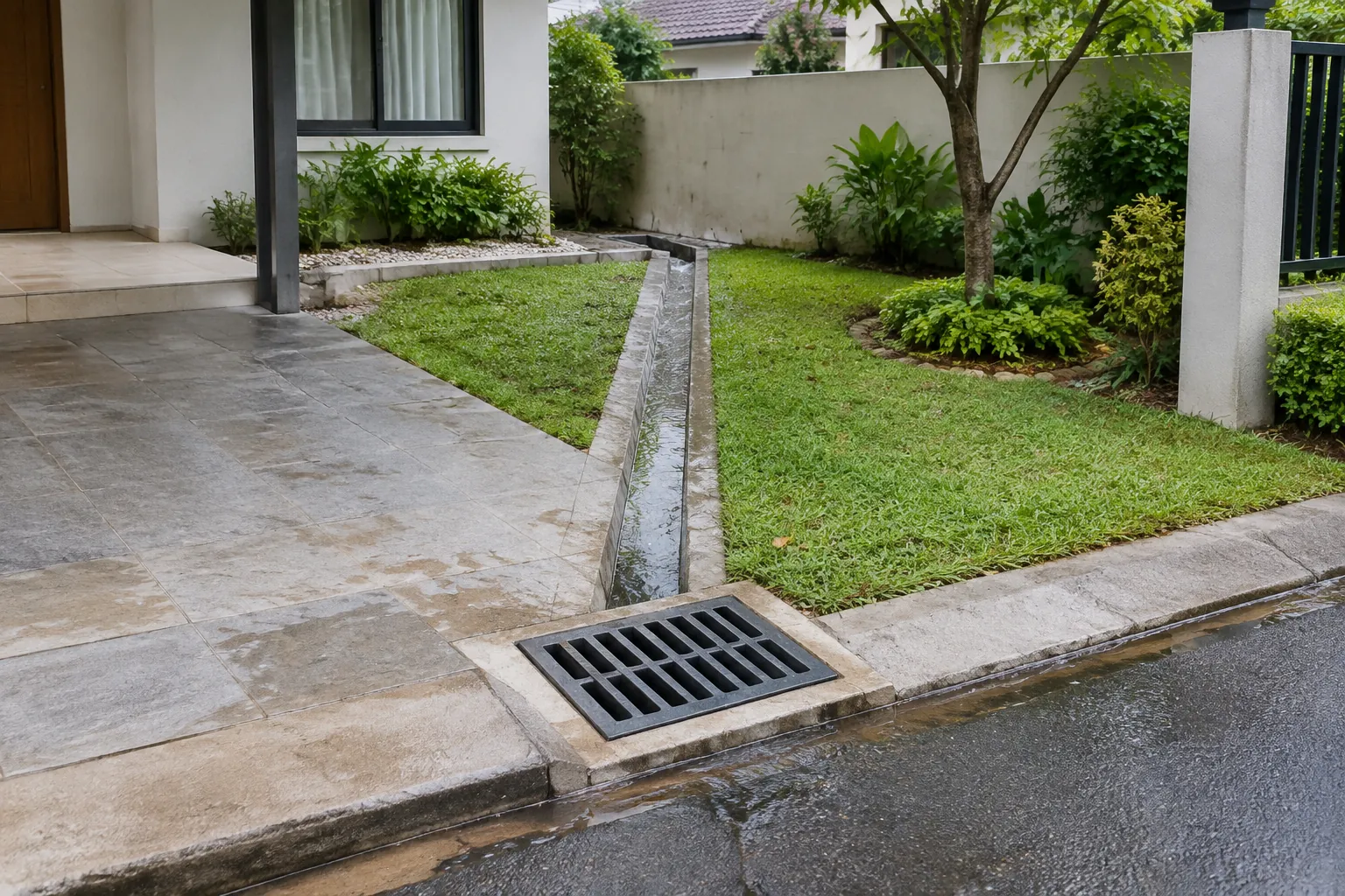 Kisi drainase di antara paving dan taman halaman rumah