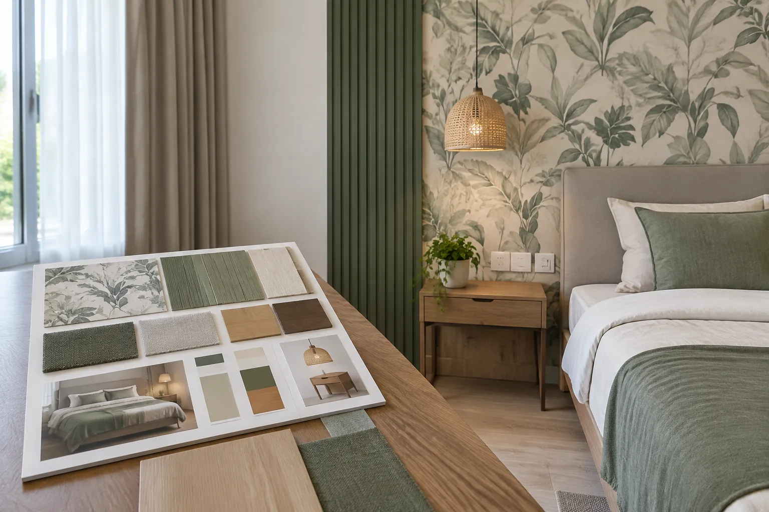 Sampel warna dan motif di meja depan kamar tidur berdinding daun