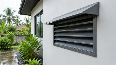 Kisi ventilasi dan pelindung hujan pada dinding rumah tropis