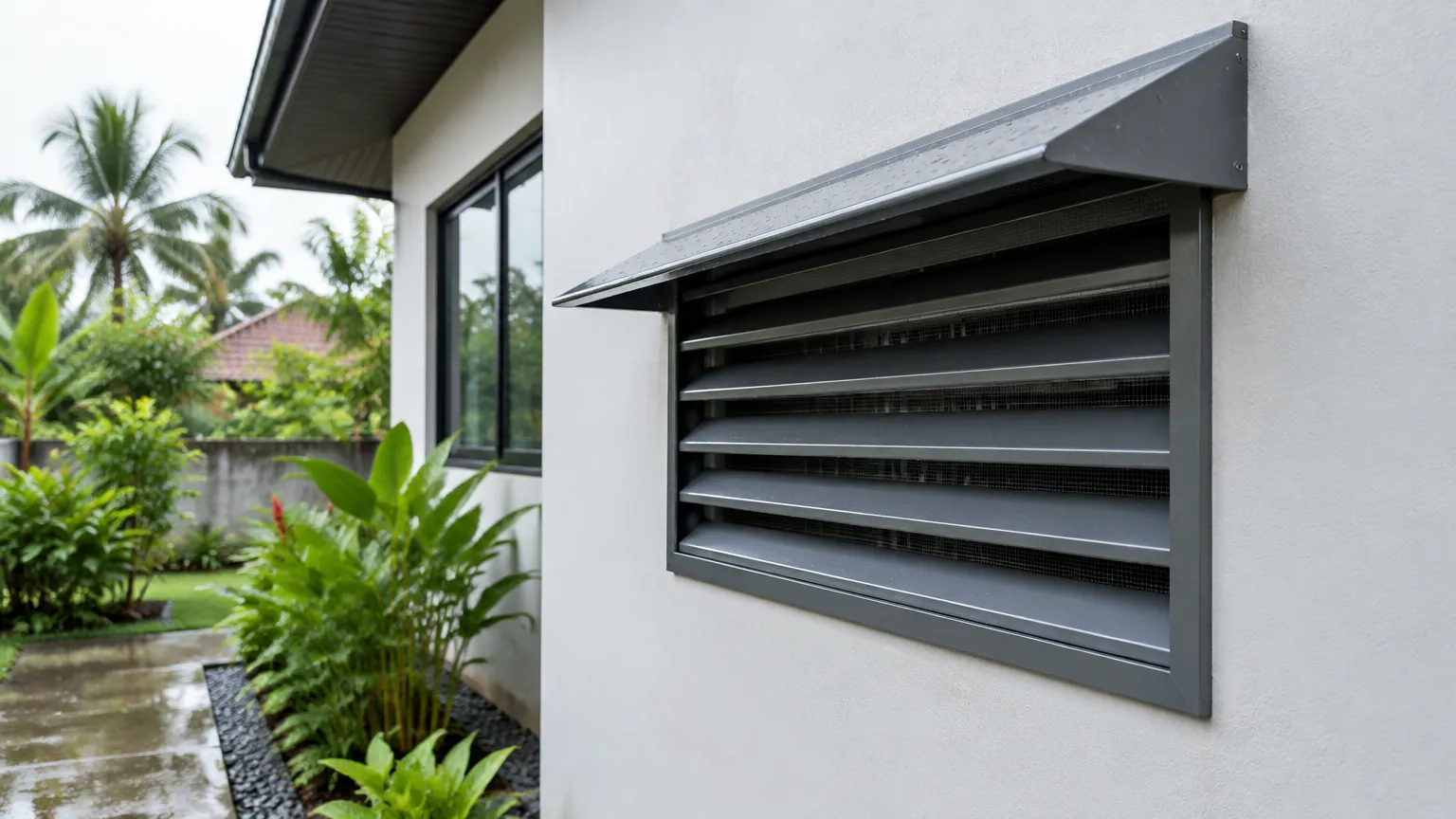 Kisi ventilasi dan pelindung hujan pada dinding rumah tropis