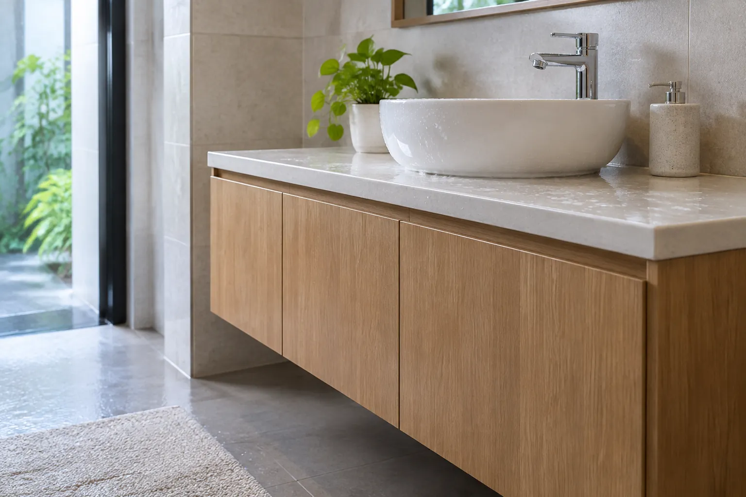Kabinet wastafel berlapis kayu berada di kamar mandi