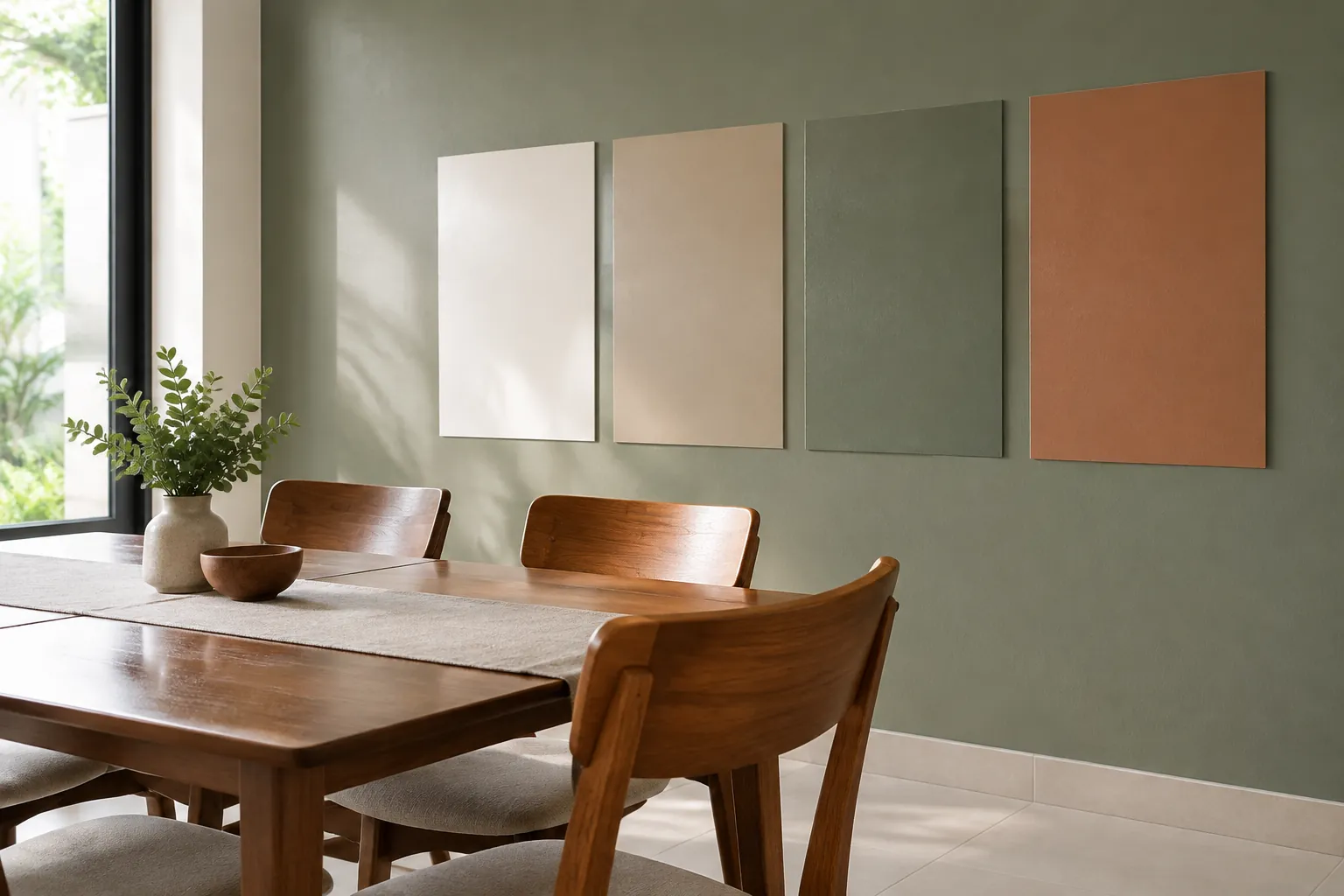 Contoh warna pada dinding di belakang meja makan