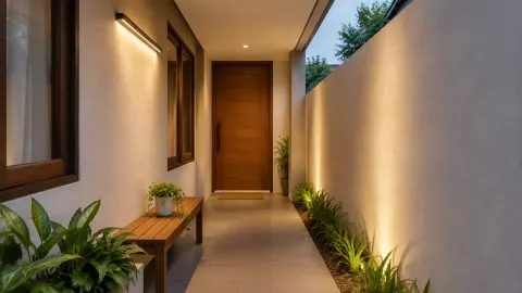 Lampu dinding menyinari lorong teras sempit