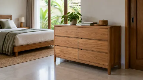 Lemari laci kayu di kamar tidur dekat tempat tidur