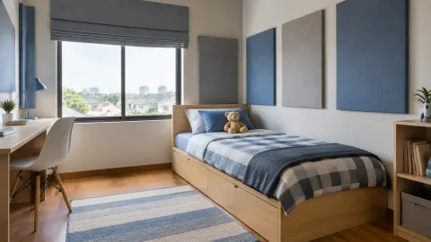Kamar anak dengan tempat tidur, meja belajar, dan panel dinding
