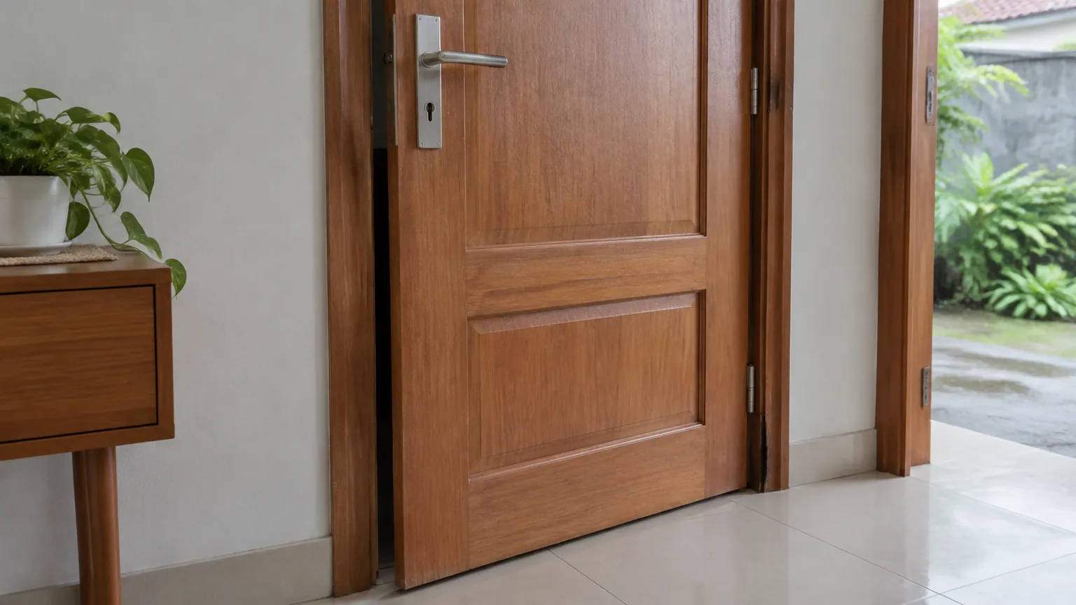 Pintu kayu sulit menutup dekat lantai area masuk