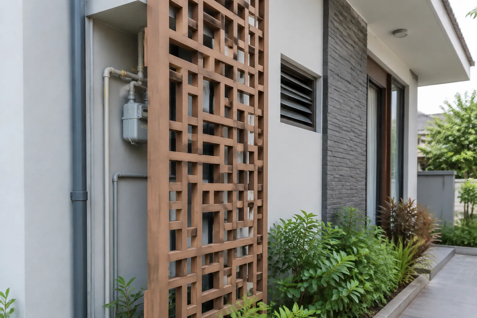 Kisi kayu di depan utilitas pada sisi luar rumah