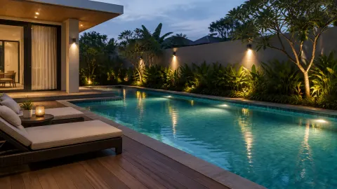 Kolam renang dengan lampu bawah air pada malam hari