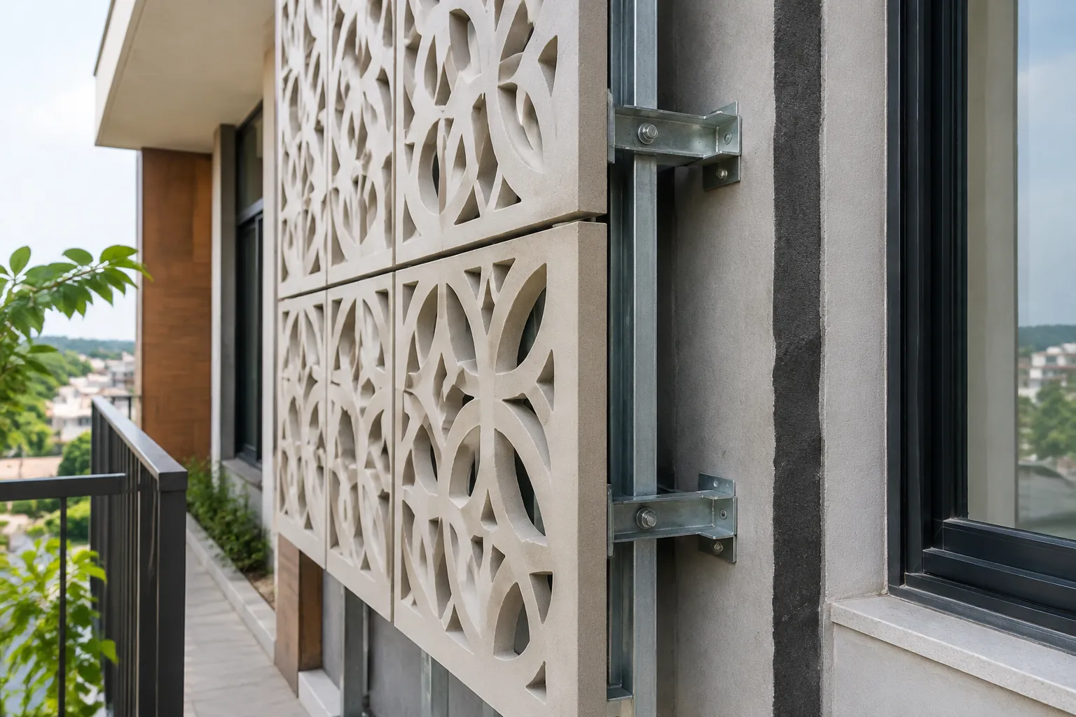Pengikat panel ornamen berpori pada dinding fasad