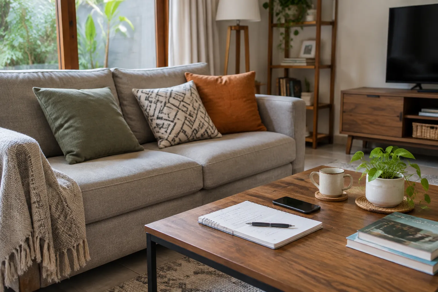 Sofa ruang keluarga dengan bantal, selimut, dan meja berisi catatan