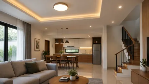 Ruang keluarga terbuka dengan lampu plafon dan pencahayaan tepi