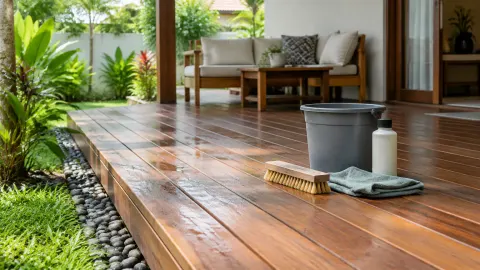 Teras kayu dengan sapu dan ember pembersih