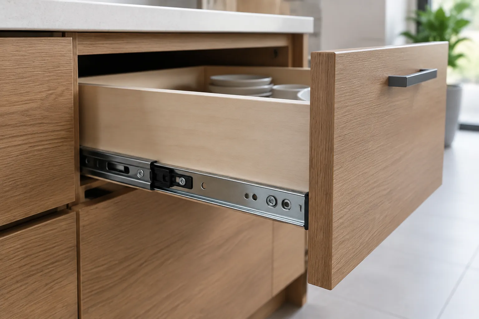 Laci kayu terbuka menunjukkan rel pada kitchen set