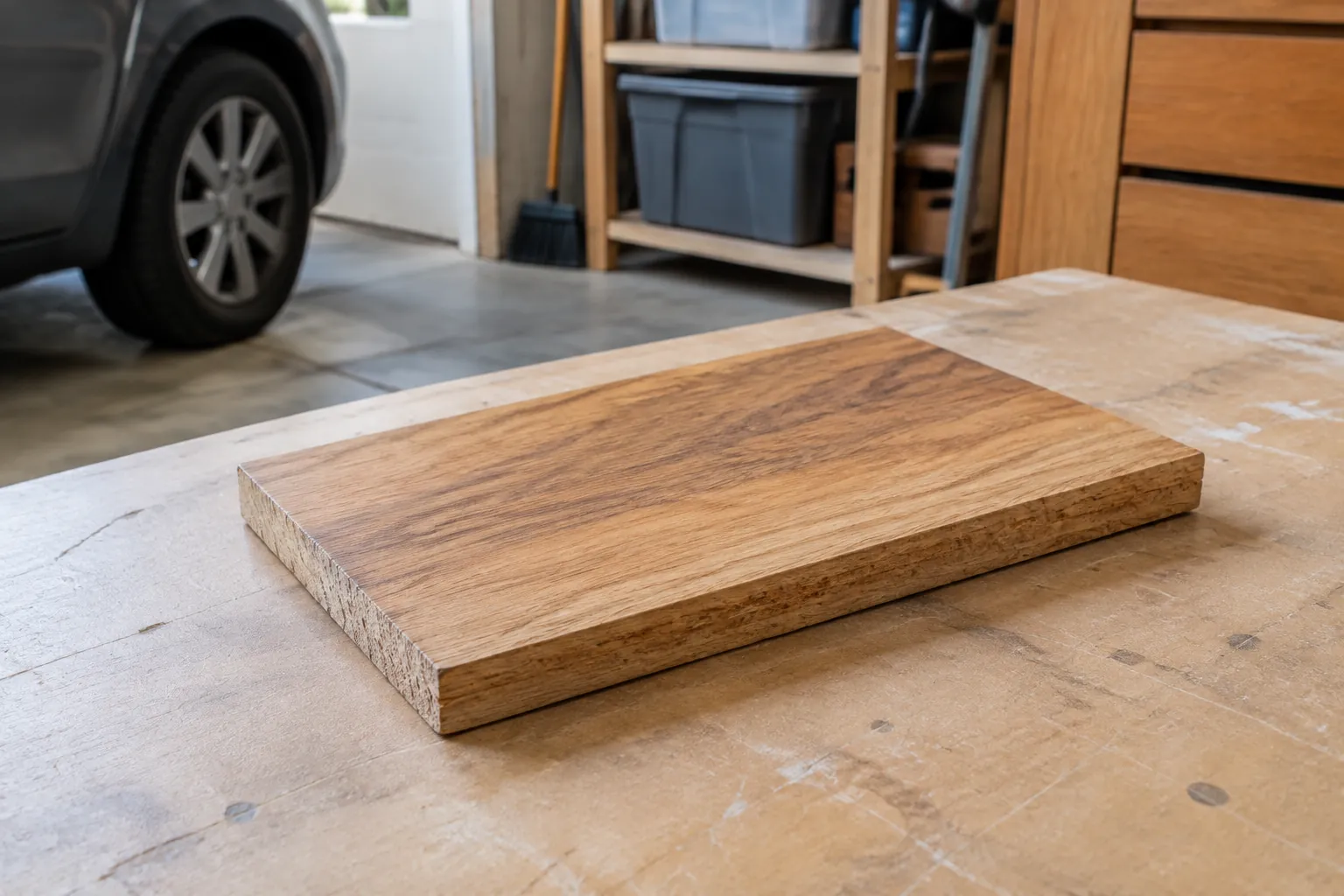Sampel papan kayu di meja kerja garasi