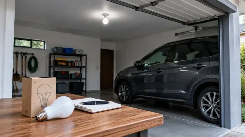Lampu dan peralatan uji di atas meja dalam garasi