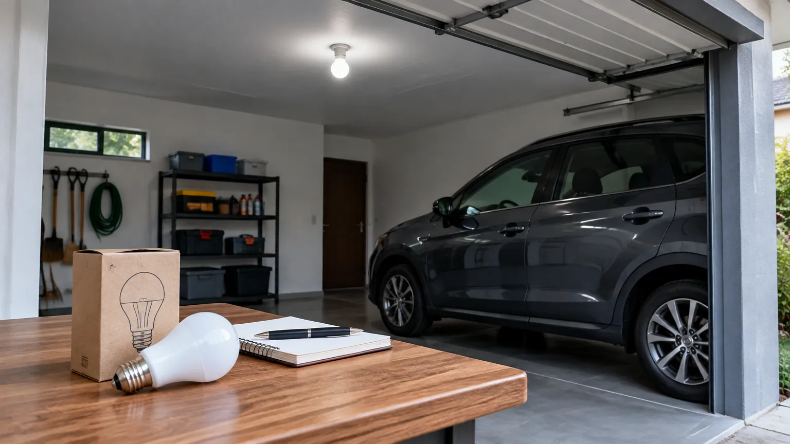 Lampu dan peralatan uji di atas meja dalam garasi