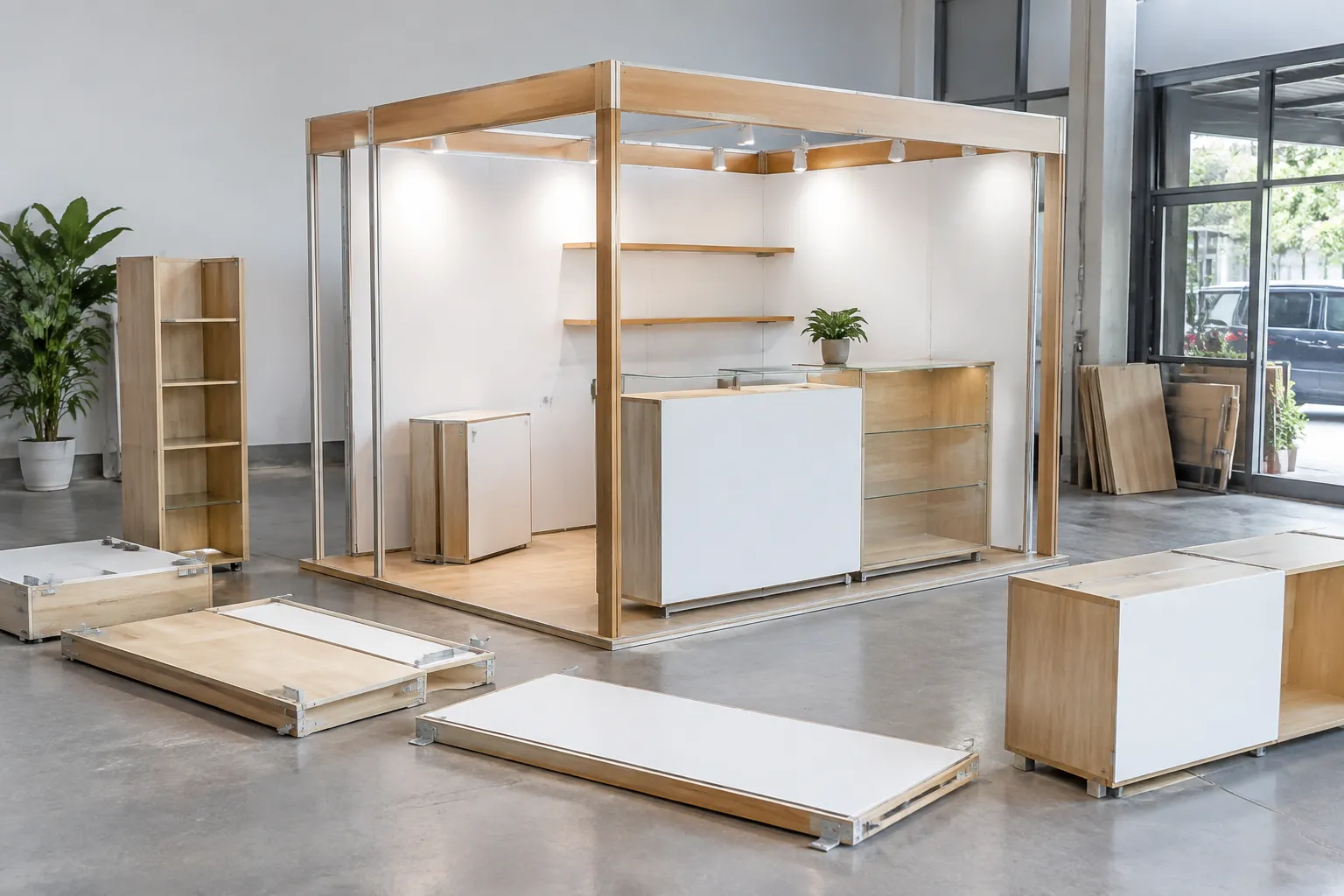 Rangka booth modular dan panelnya disiapkan sebelum dirakit