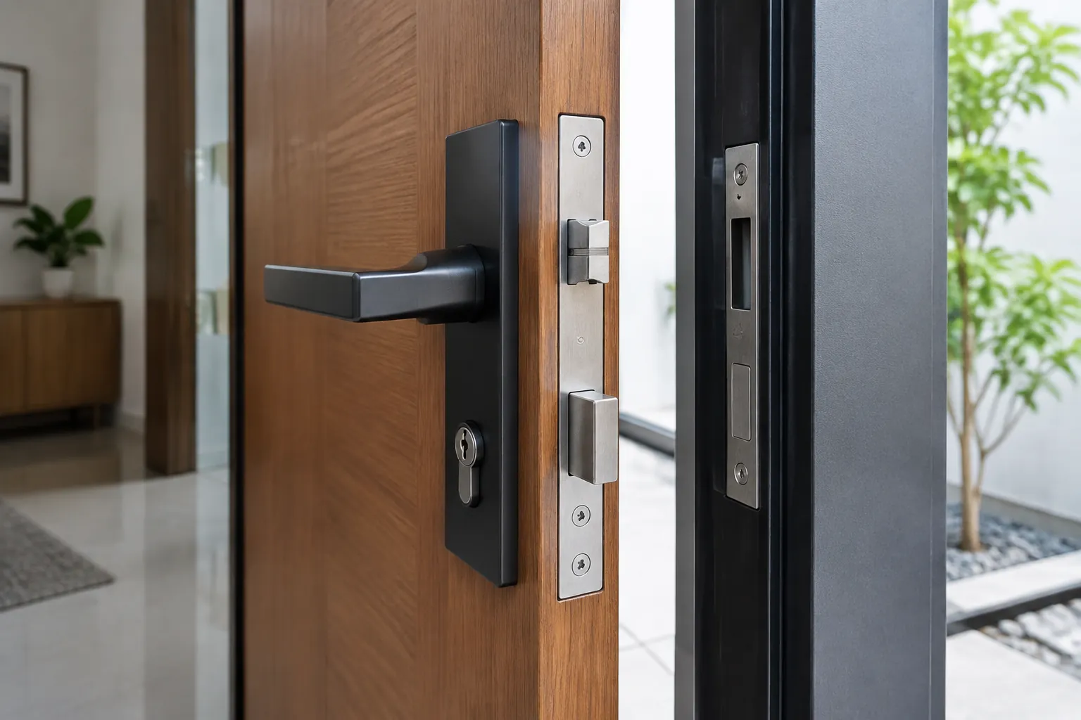 Detail kait kunci dan gagang pada pintu kayu